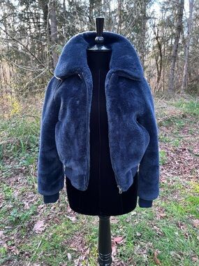 Zapa Paris navy blue faux fur bomber jacket 34 XS